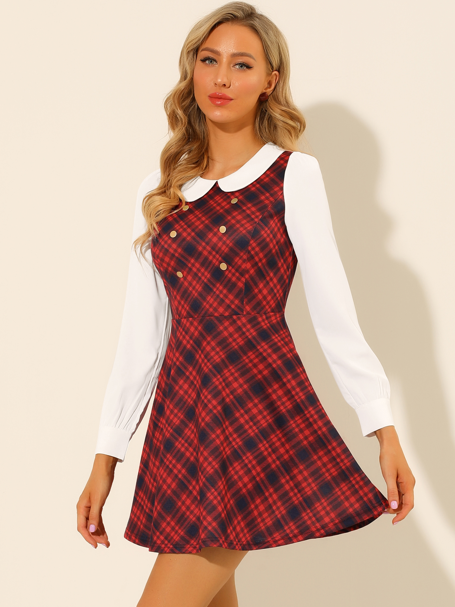 Peter Pan Collar Contrast Color Button Decor Plaid Dress Red/L - Allegra K catalog