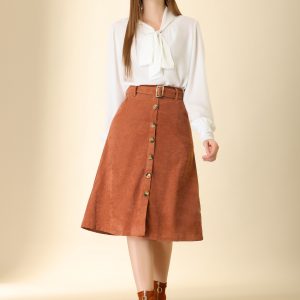 High Waist Button Front Belted Corduroy A-Line Midi Skirt Caramel/XL - Allegra K catalog