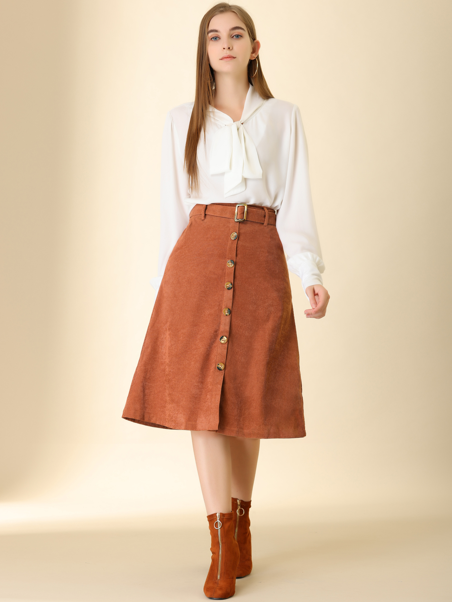 High Waist Button Front Belted Corduroy A-Line Midi Skirt Caramel/XL - Allegra K catalog