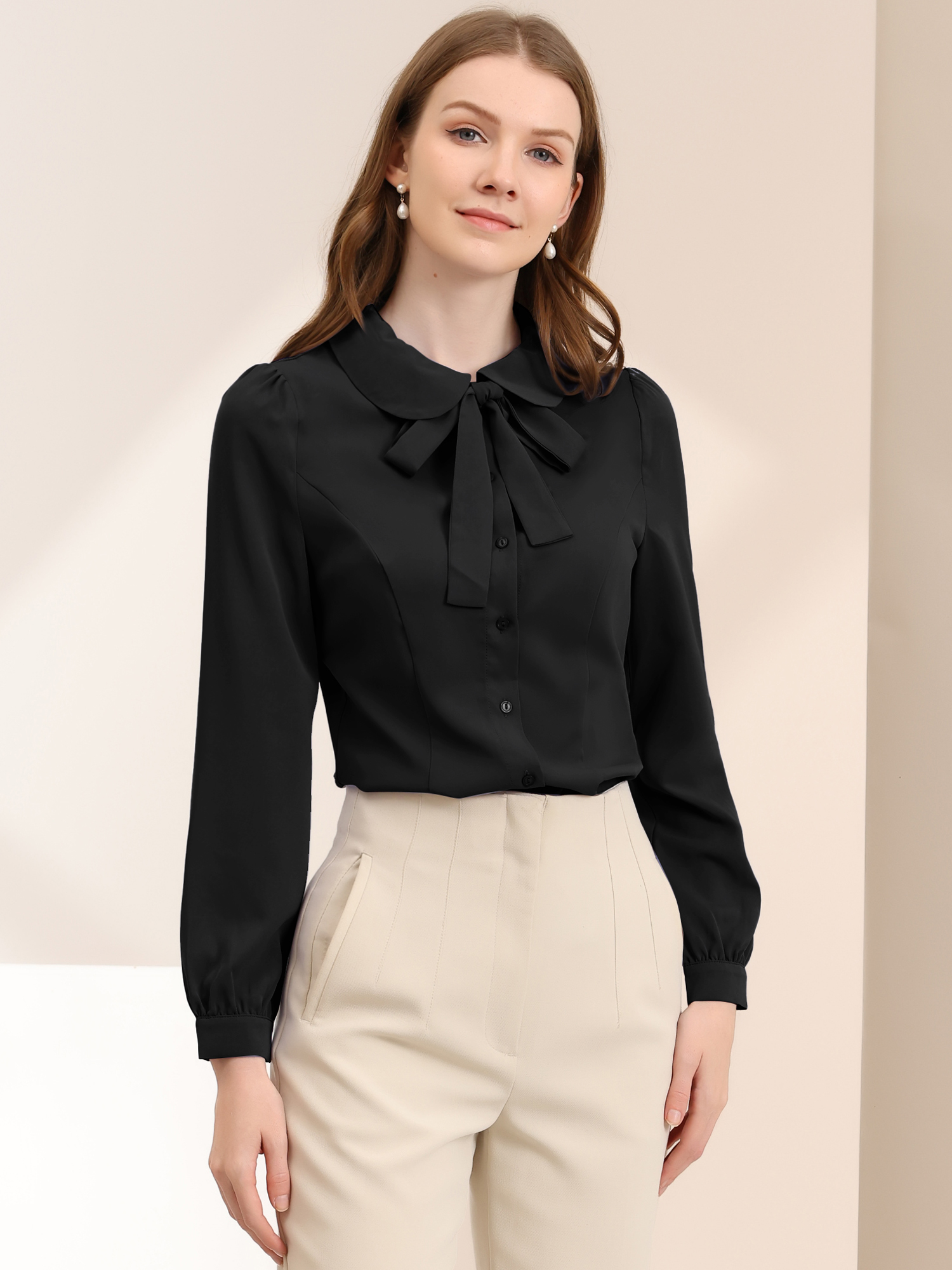 Peter Pan Collar Chiffon Bow Tie Neck Puff Sleeve Button Blouse Black/L - Allegra K catalog