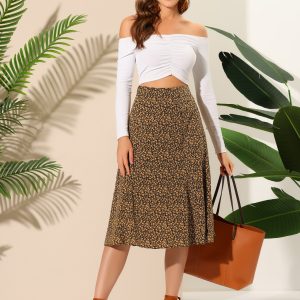 Floral Peasant Elastic Waist A-Line Ditsy Leave Midi Skirt Black Yellow/S - Allegra K catalog