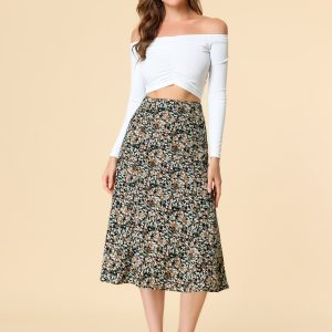 Floral Peasant Elastic Waist A-Line Ditsy Leave Midi Skirt Blue Brown/L - Allegra K catalog