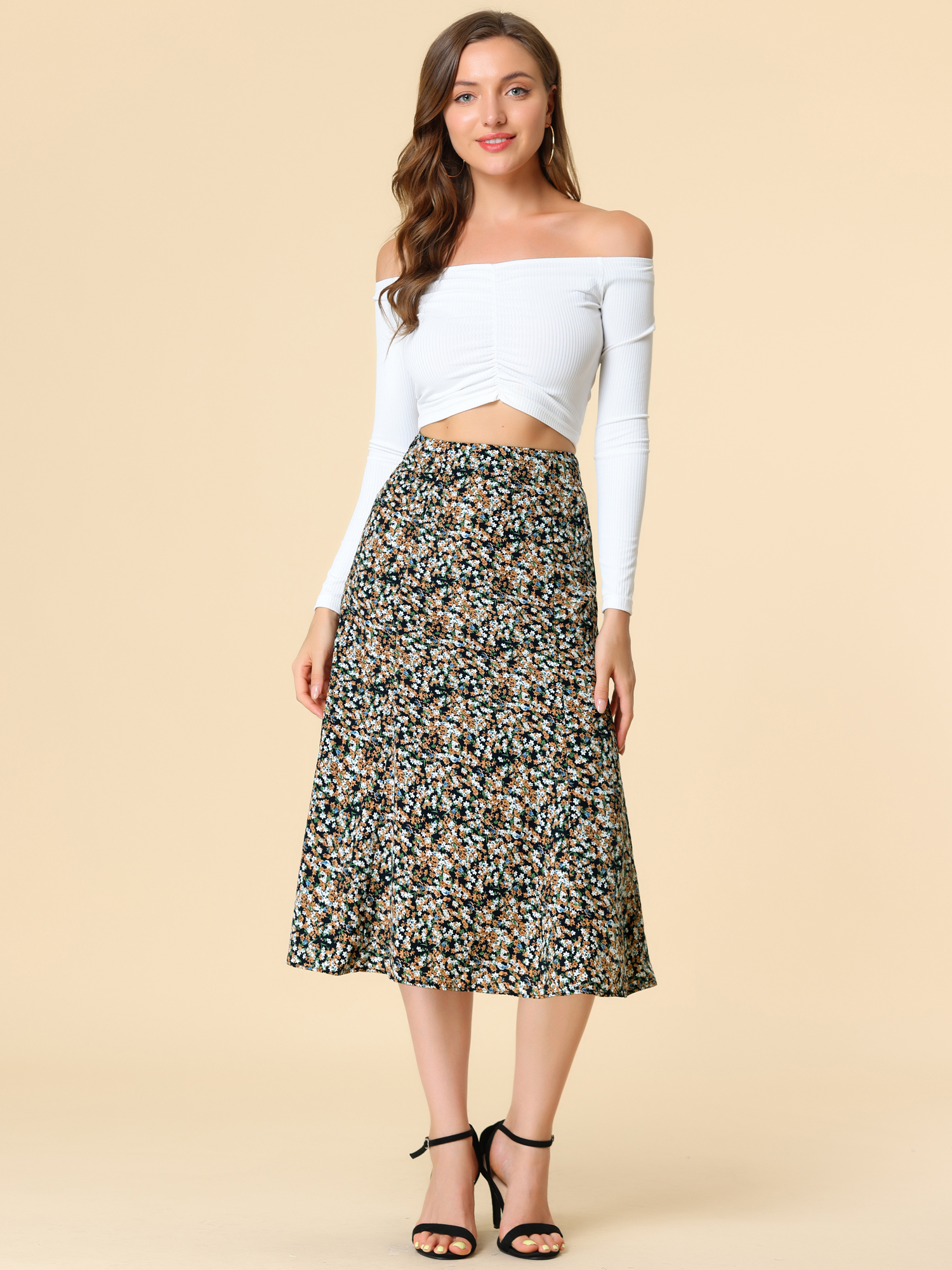 Floral Peasant Elastic Waist A-Line Ditsy Leave Midi Skirt Blue Brown/XL - Allegra K catalog