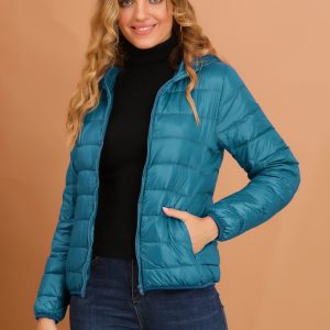 Hooded Packable Long Sleeve Zip Up Down Winter Lightweight Jacket Lake Blue/XS - Allegra K catalog