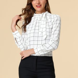 Bow Tie Neck Grid Checks Shirt Office Work Tops Blouse White/S - Allegra K catalog