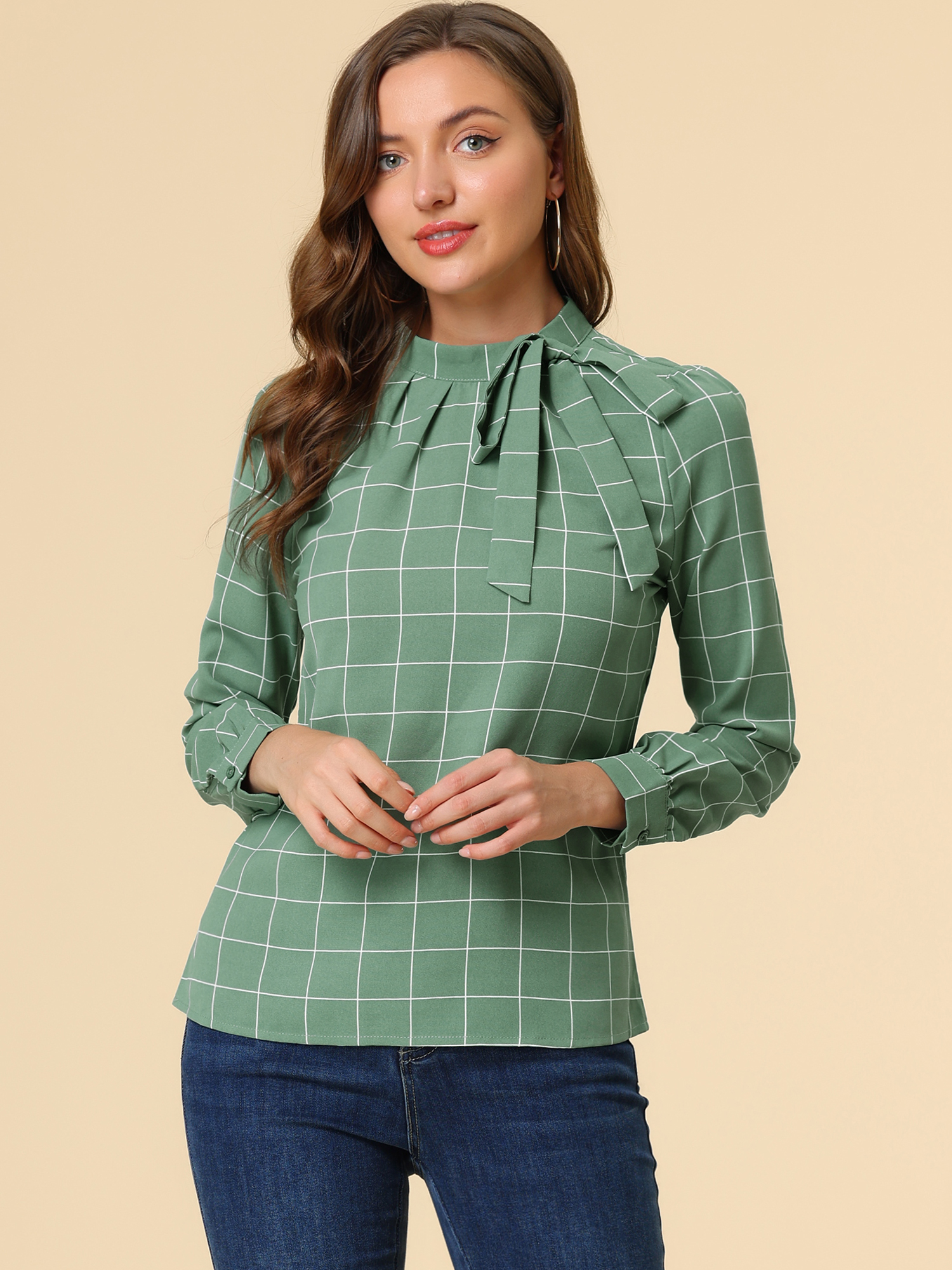 Bow Tie Neck Grid Checks Shirt Office Work Tops Blouse Green/S - Allegra K catalog