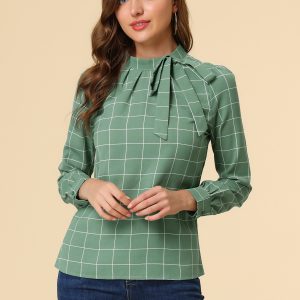Bow Tie Neck Grid Checks Shirt Office Work Tops Blouse Green/XL - Allegra K catalog