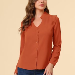 Work Office Blouse Button Up Long Sleeve V Neck Chiffon Shirt Orange Brown/XL - Allegra K catalog