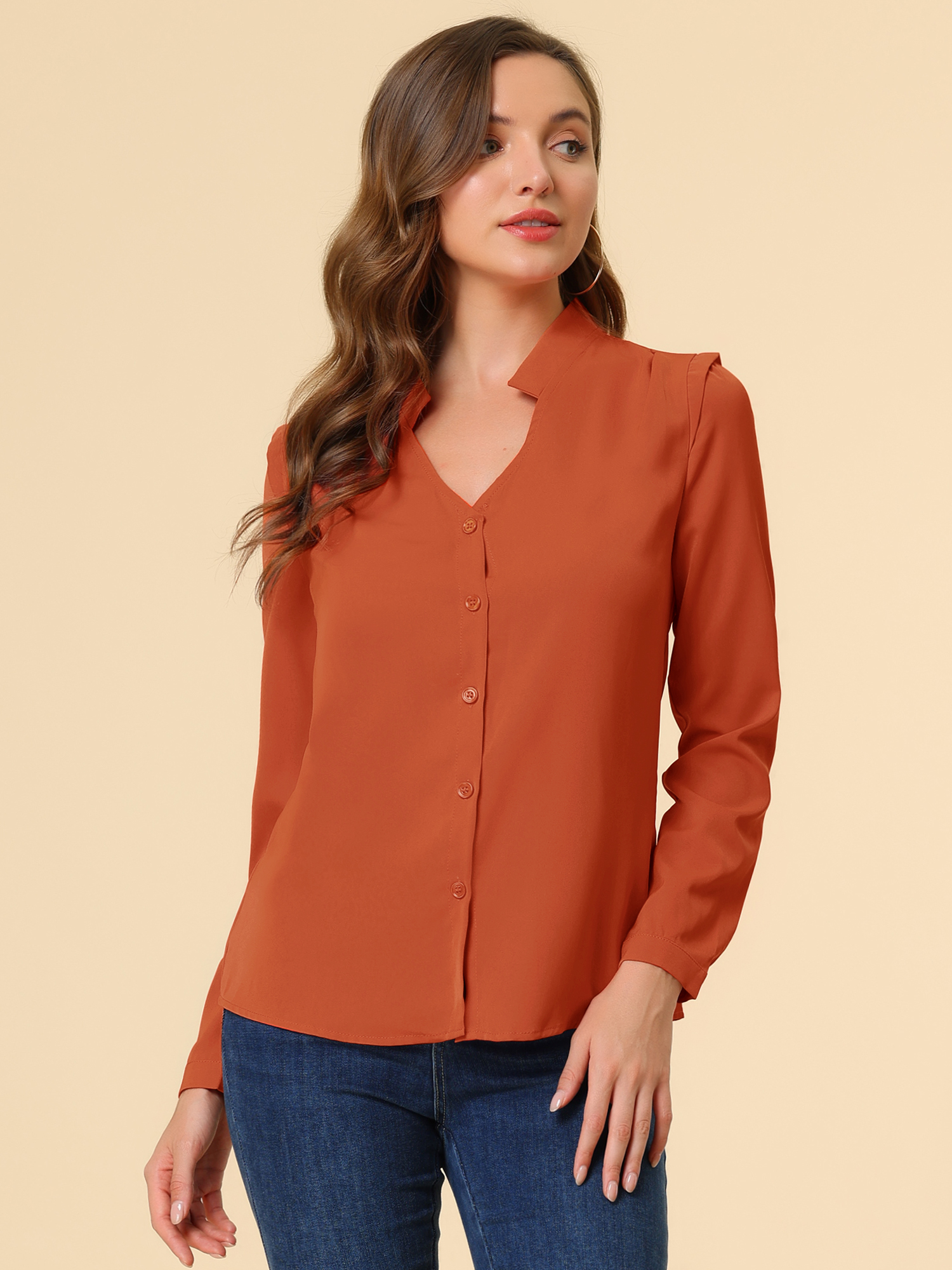 Work Office Blouse Button Up Long Sleeve V Neck Chiffon Shirt Orange Brown/XL - Allegra K catalog
