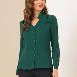 Work Office Blouse Button Up Long Sleeve V Neck Chiffon Shirt Green/M - Allegra K catalog