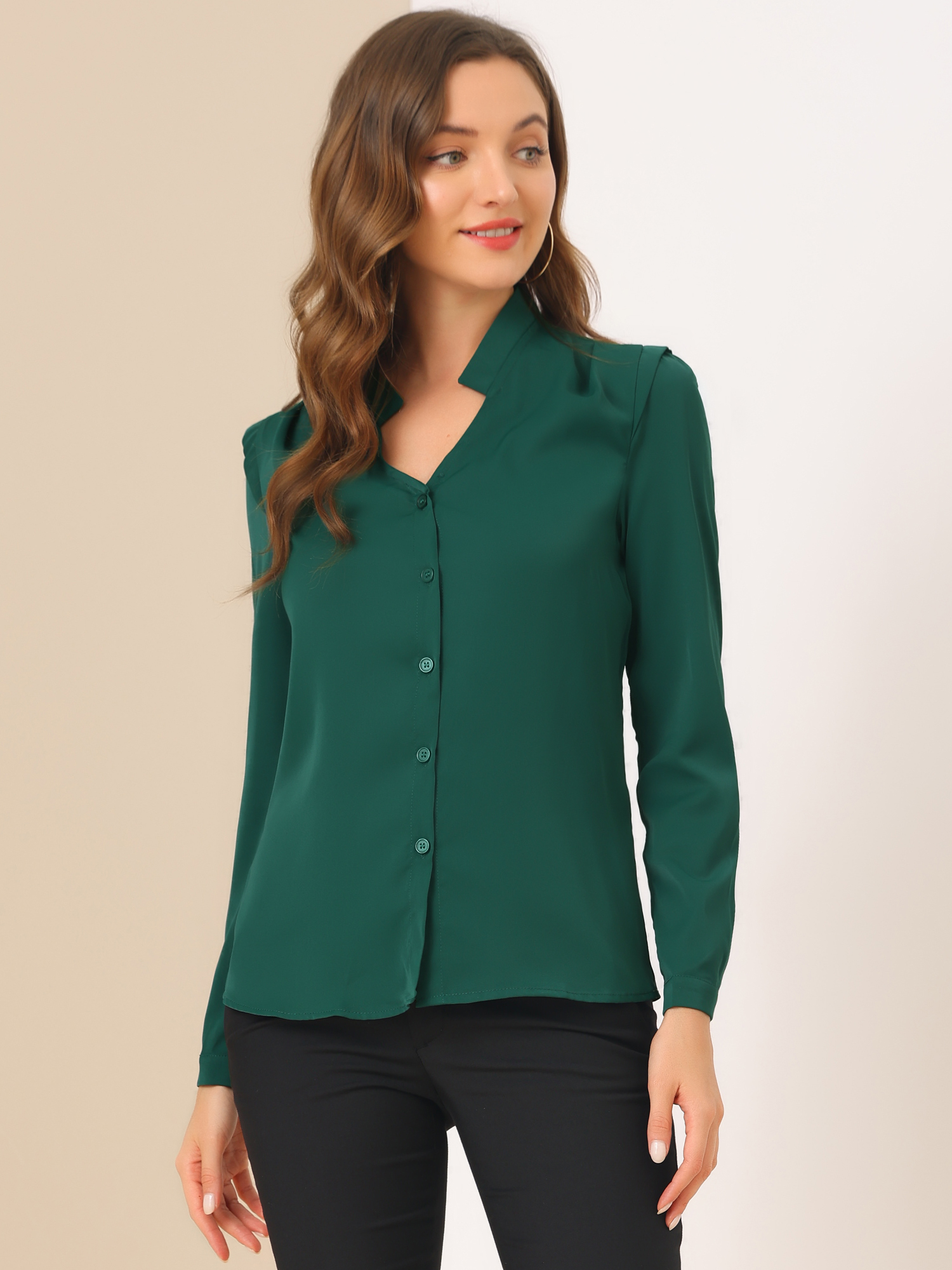 Work Office Blouse Button Up Long Sleeve V Neck Chiffon Shirt Green/XL - Allegra K catalog