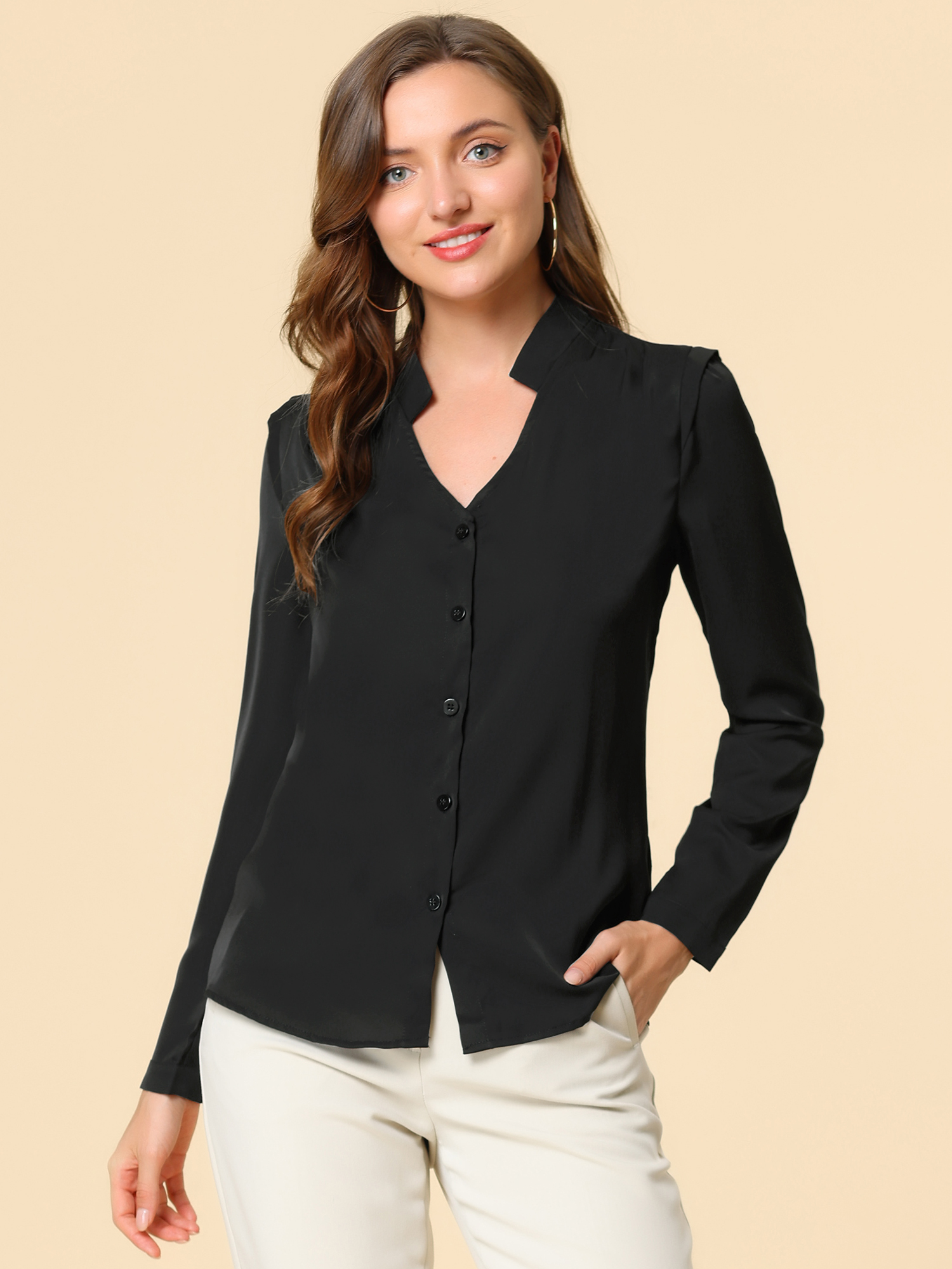Work Office Blouse Button Up Long Sleeve V Neck Chiffon Shirt Black/M - Allegra K catalog