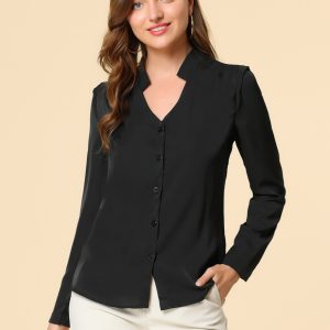 Work Office Blouse Button Up Long Sleeve V Neck Chiffon Shirt Black/XL - Allegra K catalog