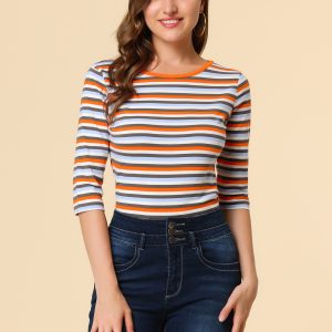 3/4 Sleeve Round Neck Casual Striped T-Shirt Multicolor White/S - Allegra K catalog