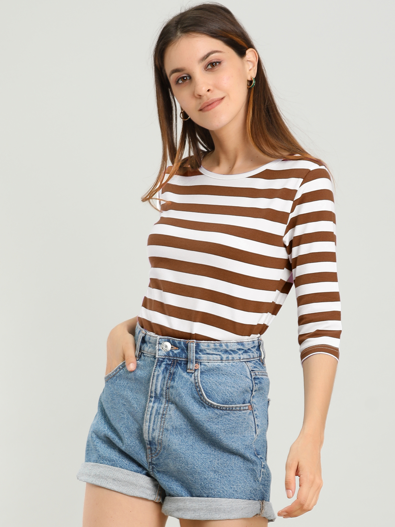 3/4 Sleeve Round Neck Casual Striped T-Shirt Brown White/M - Allegra K catalog