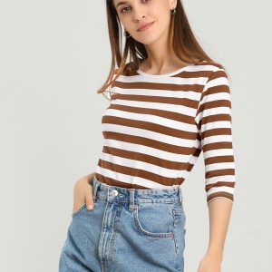 3/4 Sleeve Round Neck Casual Striped T-Shirt Brown White/L - Allegra K catalog