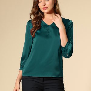 Casual Office Blouse 3/4 Sleeve V Neck Satin Shirt Blue Green/L - Allegra K catalog