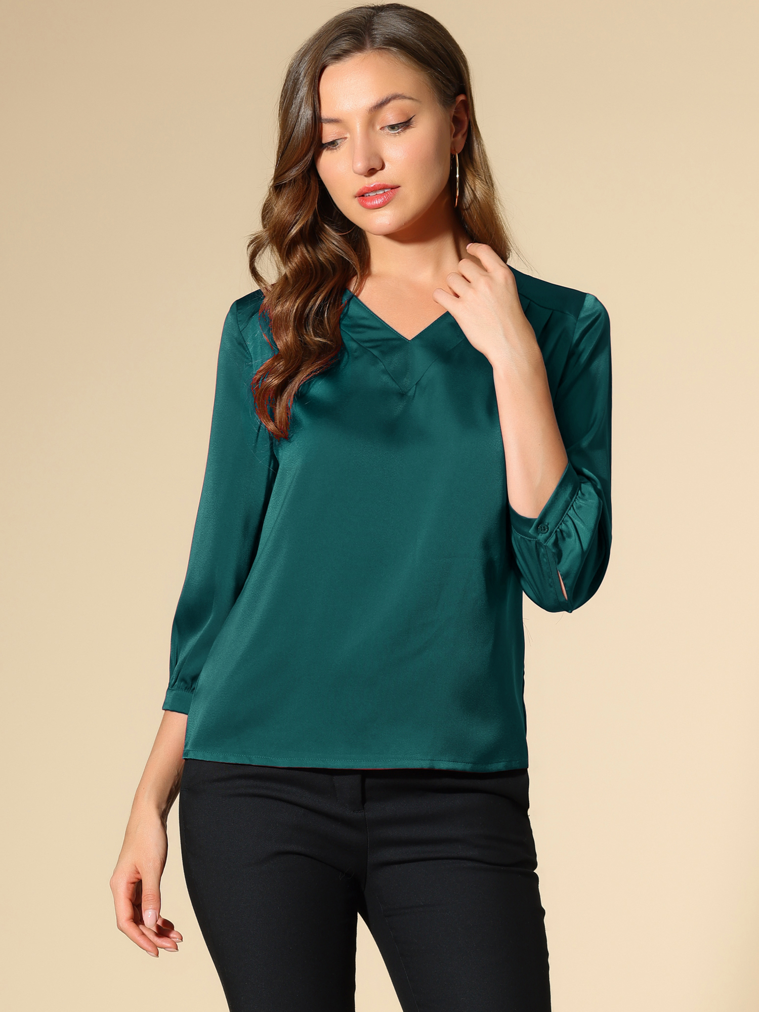 Casual Office Blouse 3/4 Sleeve V Neck Satin Shirt Blue Green/L - Allegra K catalog