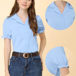 Summer Work Lapel Collar Blouse Short Sleeve Button Down Shirt Blue/XS - Allegra K catalog