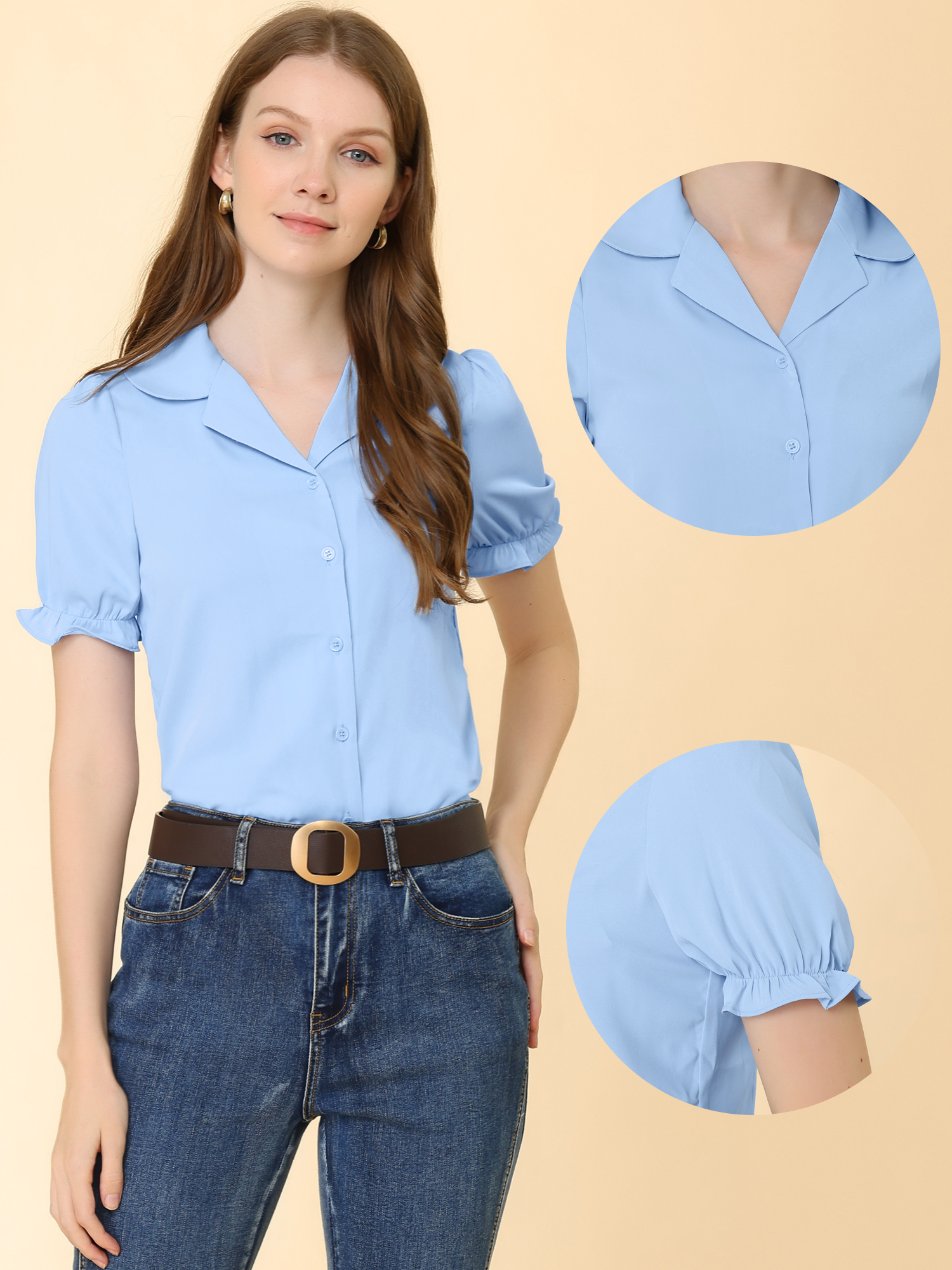Summer Work Lapel Collar Blouse Short Sleeve Button Down Shirt Blue/XS - Allegra K catalog