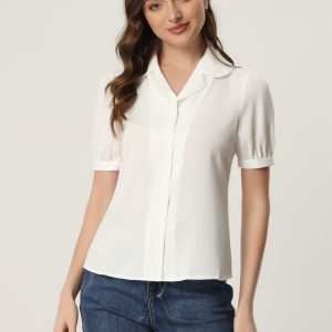 Summer Work Lapel Collar Blouse Short Sleeve Button Down Shirt White/M - Allegra K catalog