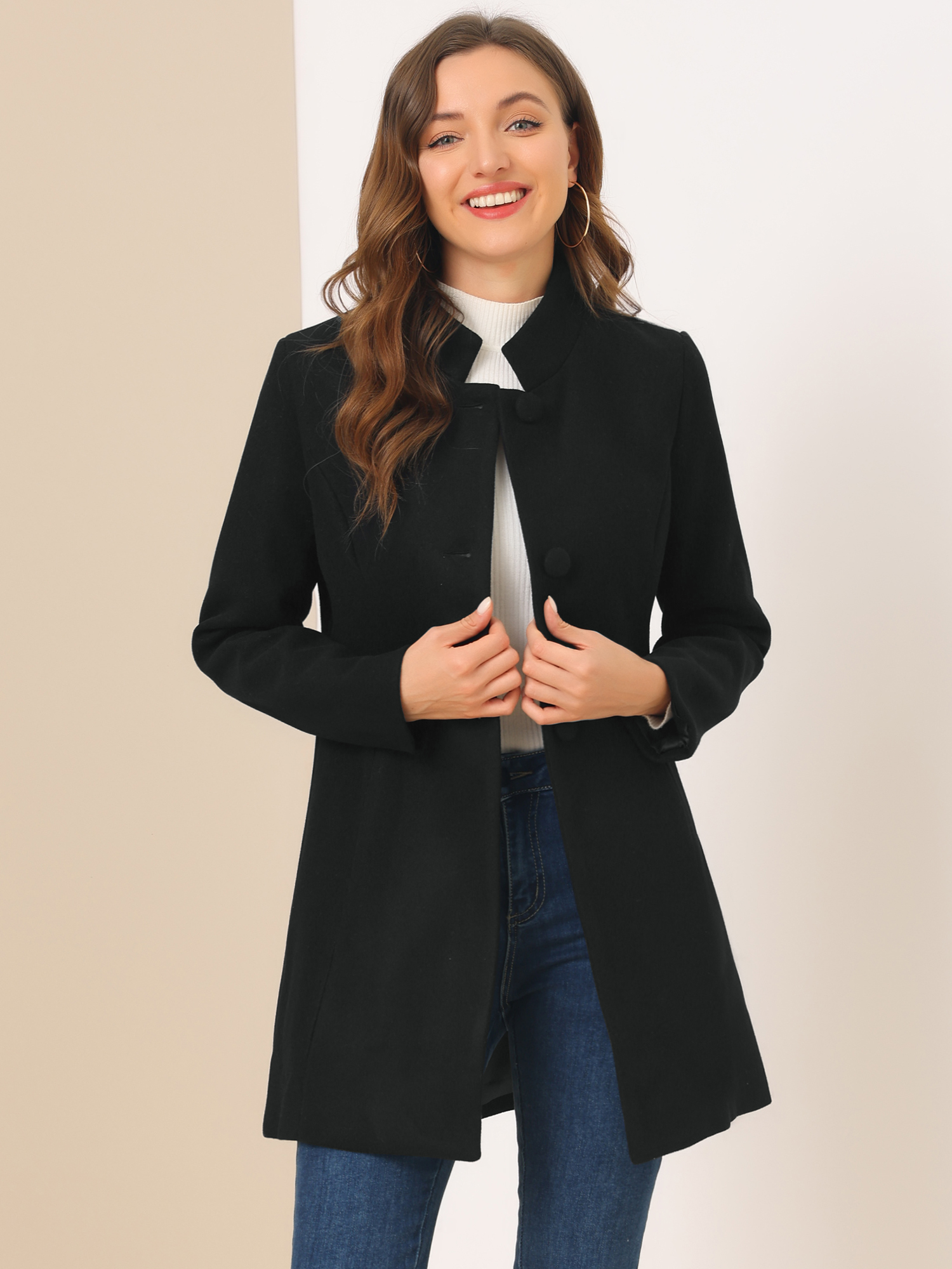 Stand Collar Single Breasted Solid Color Pea Coat Black/XS - Allegra K catalog