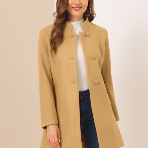 Stand Collar Single Breasted Solid Color Pea Coat Khaki/S - Allegra K catalog
