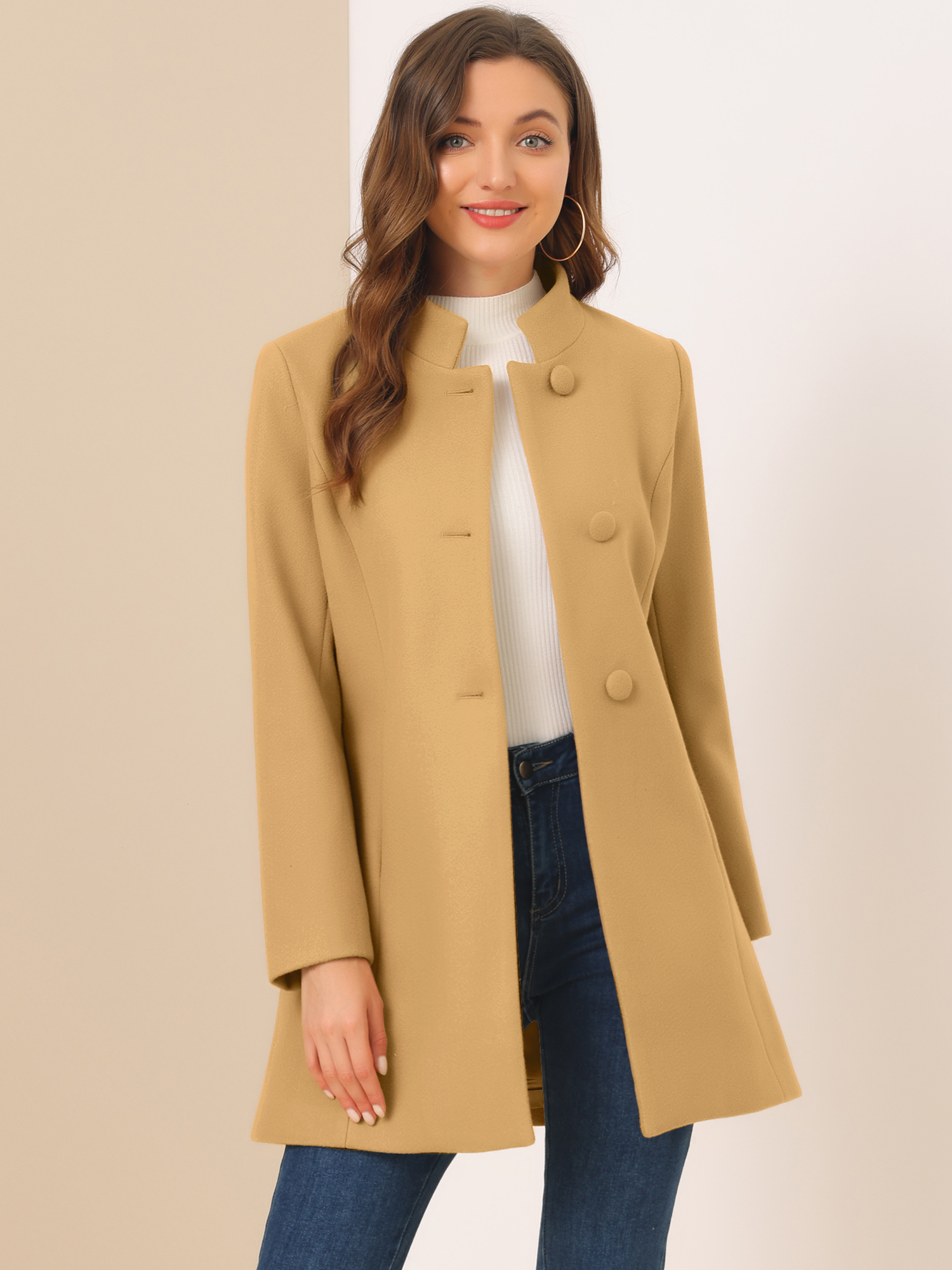 Stand Collar Single Breasted Solid Color Pea Coat Khaki/S - Allegra K catalog