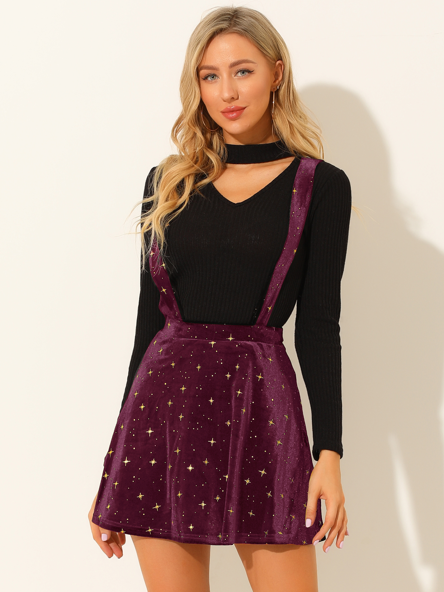 Stars Velvet High Waist Mini Pinafore Overall Suspender Skirt Purplish/S - Allegra K catalog