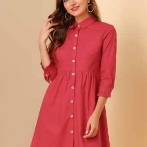 Ruched 3/4 Sleeve Button Up Casual Mini Shirt Dress Red/L - Allegra K catalog