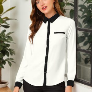 Contrast Collar Shirt Chiffon Long Sleeve Work Office Blouse White/XS - Allegra K catalog