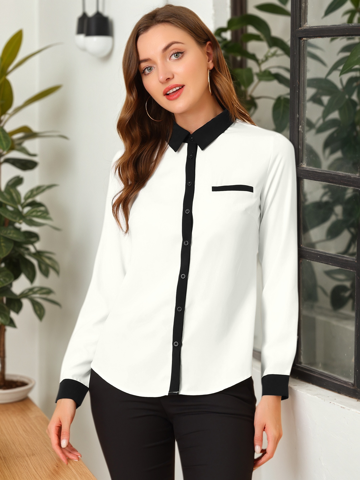 Contrast Collar Shirt Chiffon Long Sleeve Work Office Blouse White/M - Allegra K catalog