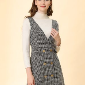 Elegant Button Front V Neck Plaid Tweed Overalls Pinafore Dress Apricot/XL - Allegra K catalog