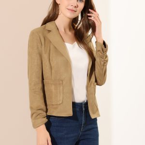 Long Sleeve Casual Open Front Drawstring Faux Suede Blazer Khaki/XS - Allegra K catalog