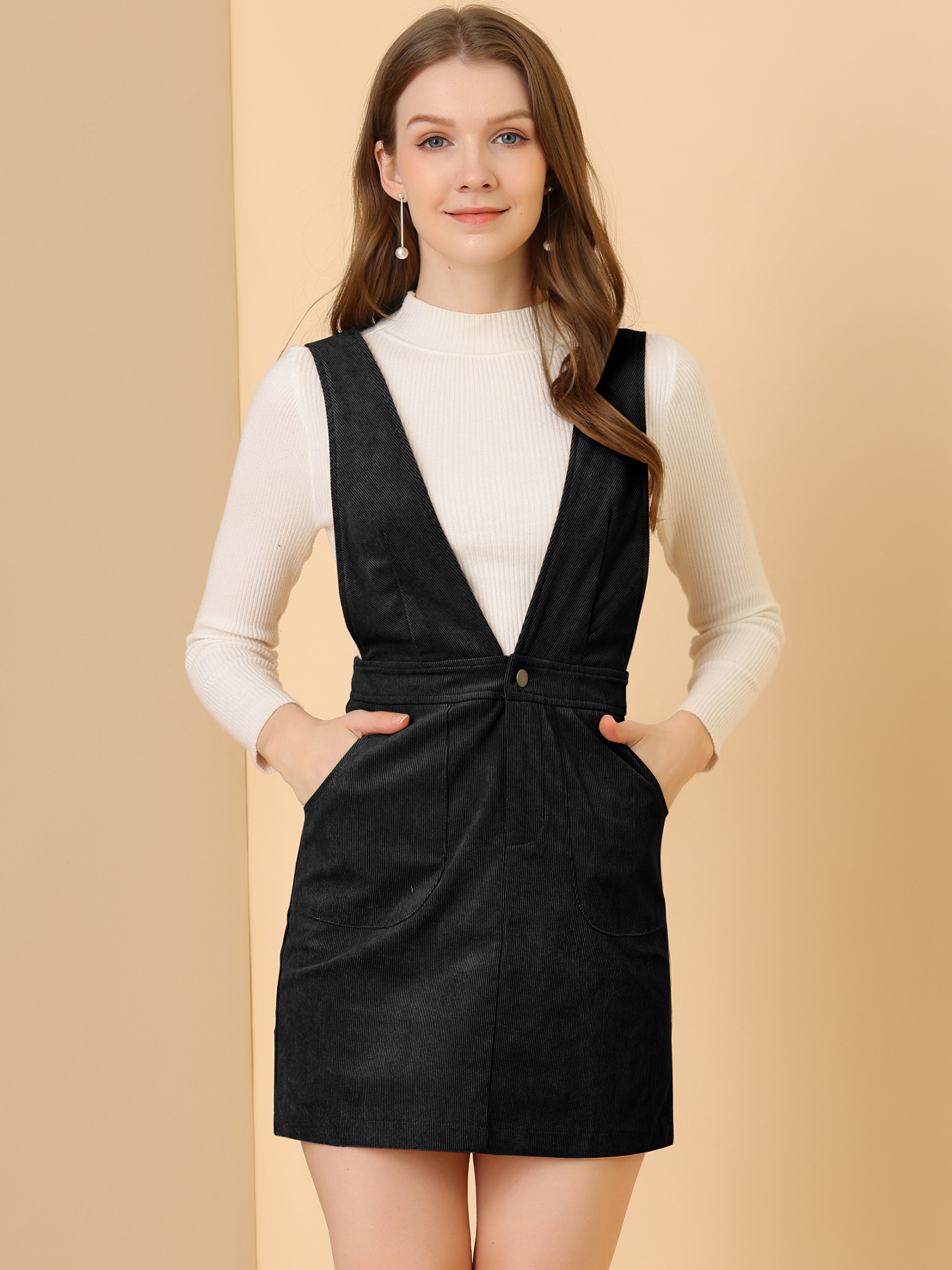 Corduroy Overall V Neck Strap Mini Pinafore Dress Black/XS - Allegra K catalog