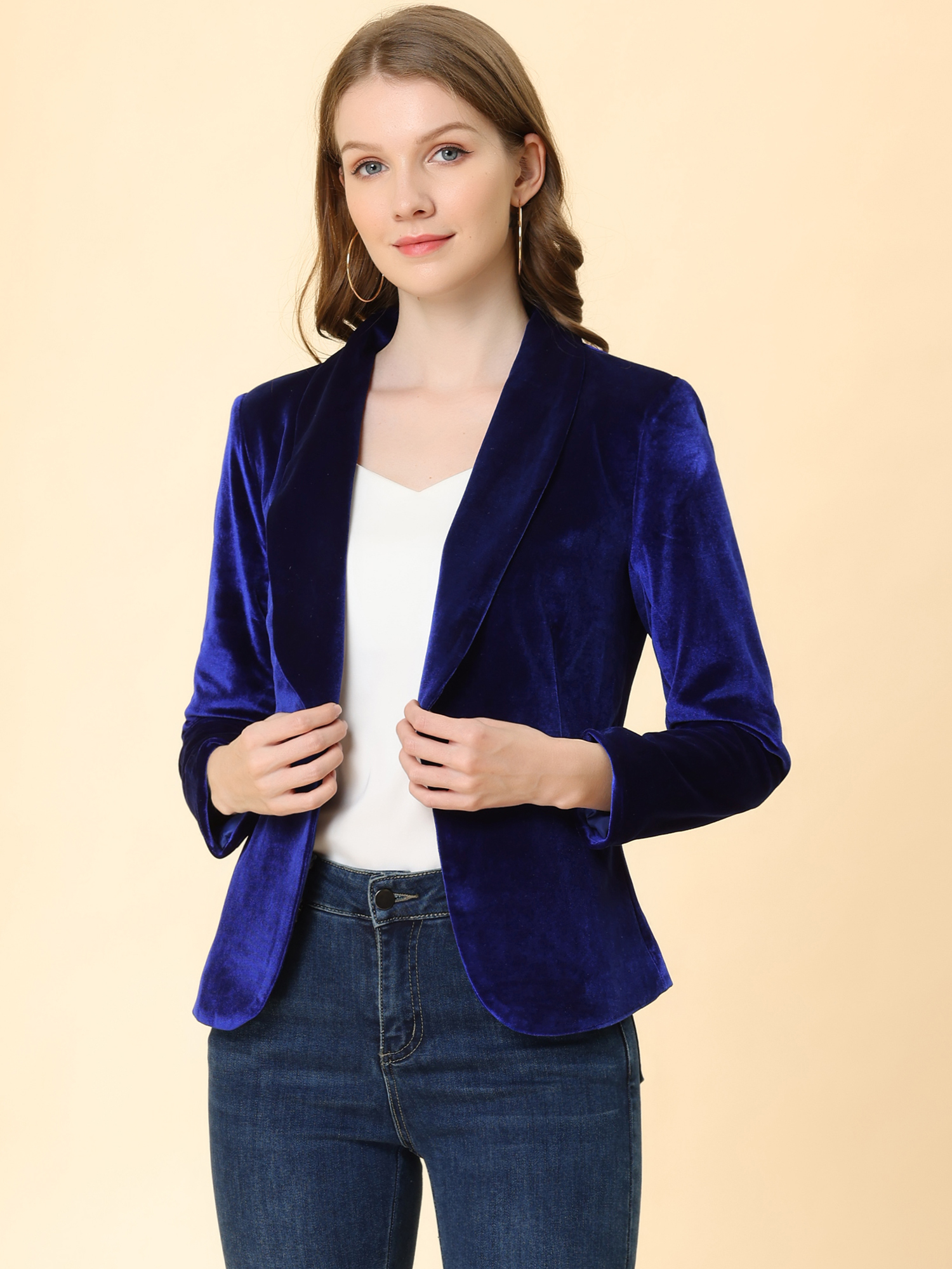 Solid Shawl Collar Single Button Velvet Blazer Royal Blue/L - Allegra K catalog