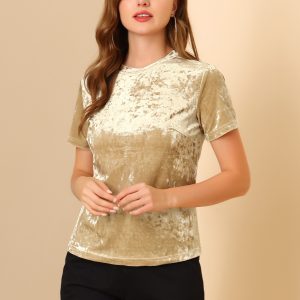 Velvet Crew Neck Short Sleeve Casual T-Shirt Top Light Beige/XS - Allegra K catalog