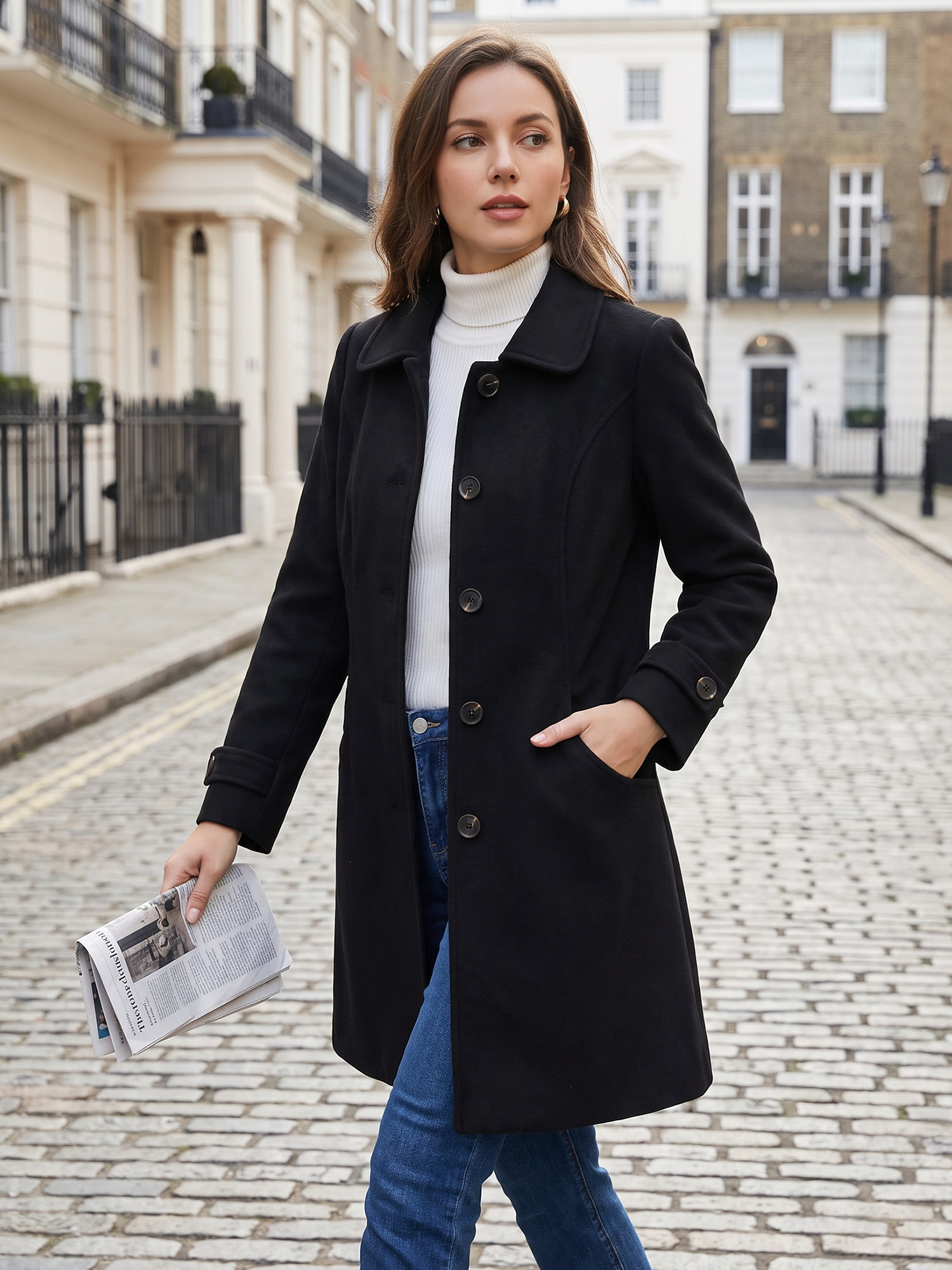 Winter Peter Pan Collar Mid-thigh A-line Single Breasted Pea Coat Black/S - Allegra K catalog