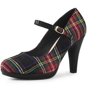 Houndstooth Platform Stiletto Heel Mary Janes Pumps Red Green/7 - Allegra K catalog