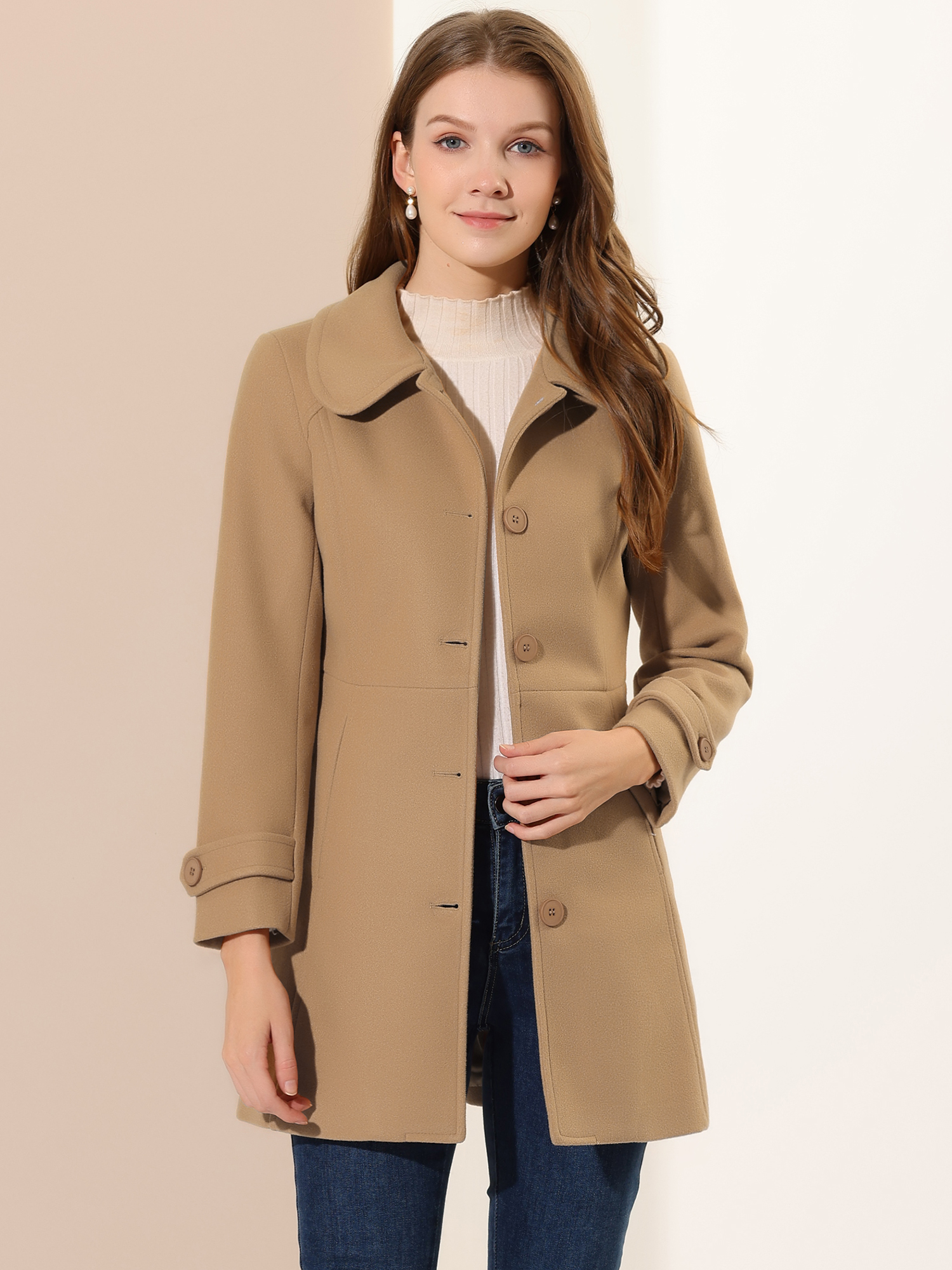 Peter Pan Collar Single Breasted Winter Outwear Buttoned Long Coat Khaki/S - Allegra K catalog