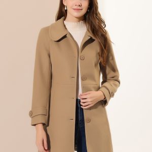Peter Pan Collar Single Breasted Winter Outwear Buttoned Long Coat Khaki/M - Allegra K catalog