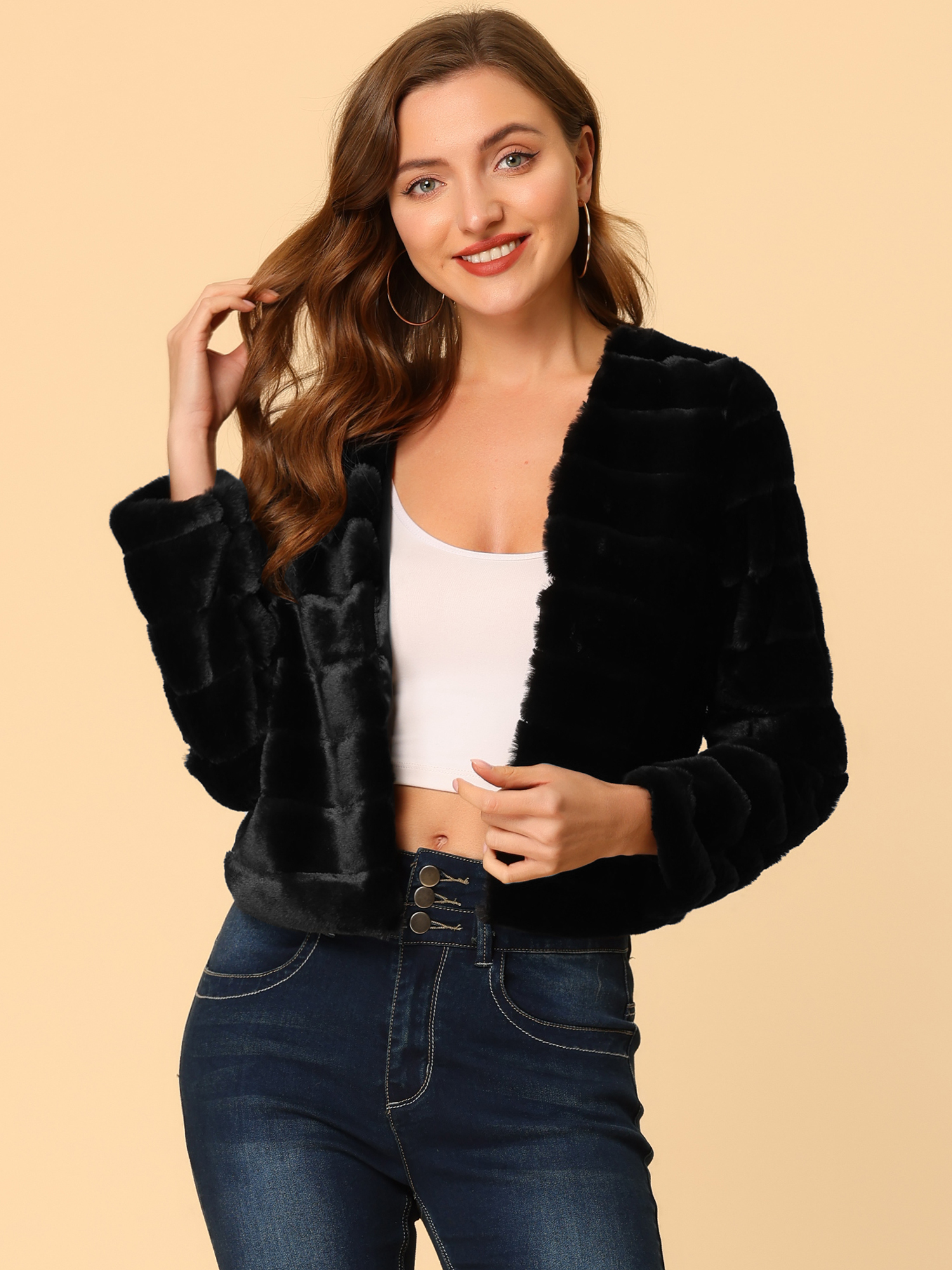 Winter Warm Cropped Collarless Faux Fur Fluffy Jacket Black/S - Allegra K catalog