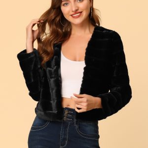 Winter Warm Cropped Collarless Faux Fur Fluffy Jacket Black/L - Allegra K catalog