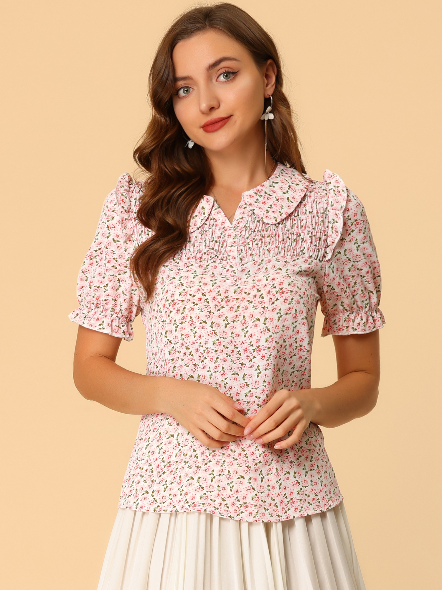 Peter Pan Collar Puff Short Sleeve Ruffle Smocked Floral Blouse White/XS - Allegra K catalog