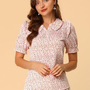 Peter Pan Collar Puff Short Sleeve Ruffle Smocked Floral Blouse White/M - Allegra K catalog