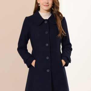 Peter Pan Collar Single Breasted Winter Outwear Buttoned Long Coat Dark Blue/S - Allegra K catalog