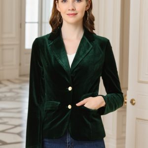 Notched Lapel Vintage Office Button Front Velvet Blazer Dark Green/S - Allegra K catalog