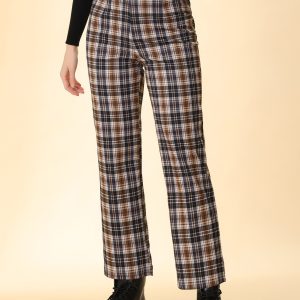 Plaid Cropped Trousers Button Casual Tartan Check Work Pants Brown/L - Allegra K catalog