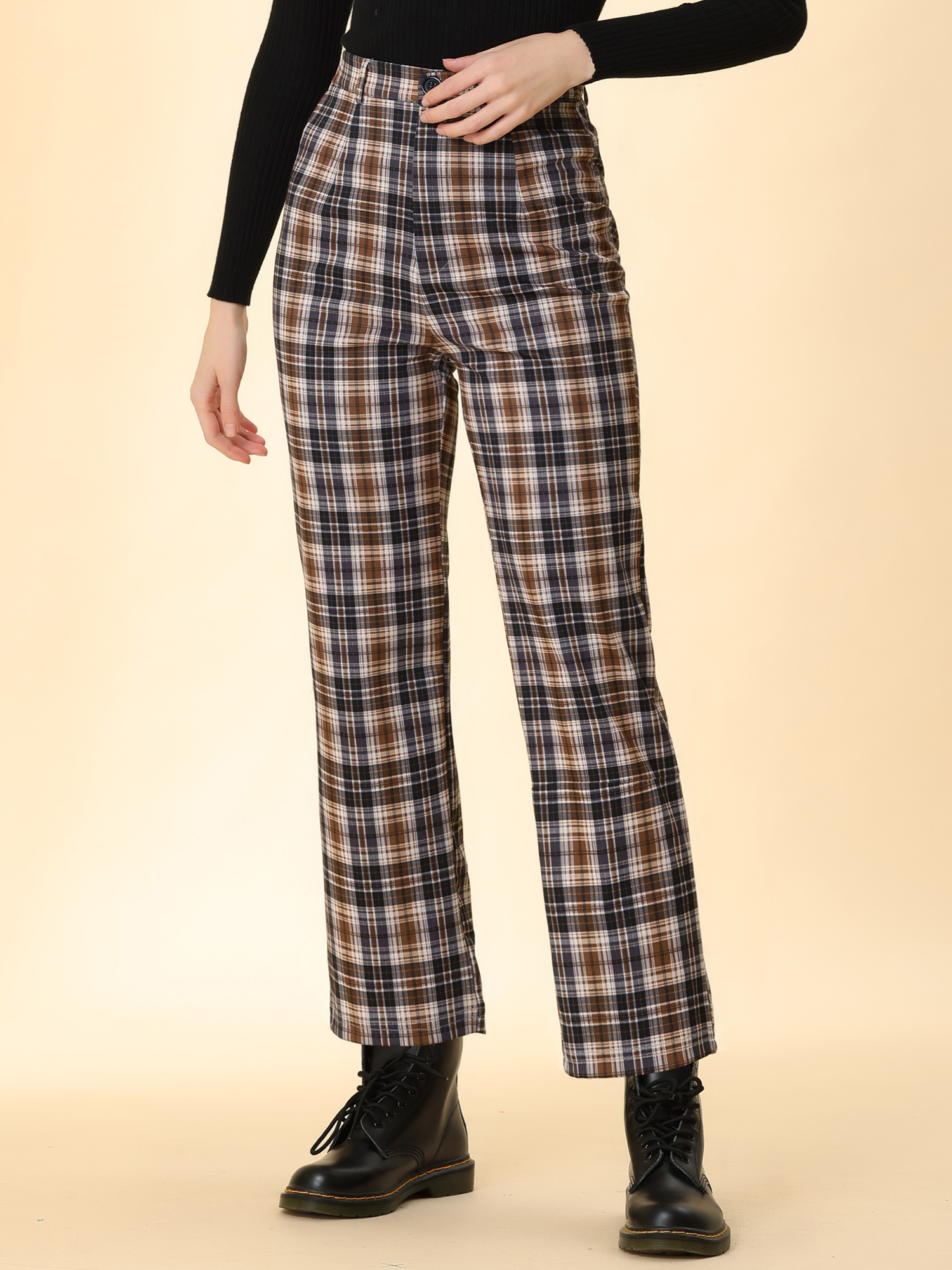 Plaid Cropped Trousers Button Casual Tartan Check Work Pants Brown/XL - Allegra K catalog
