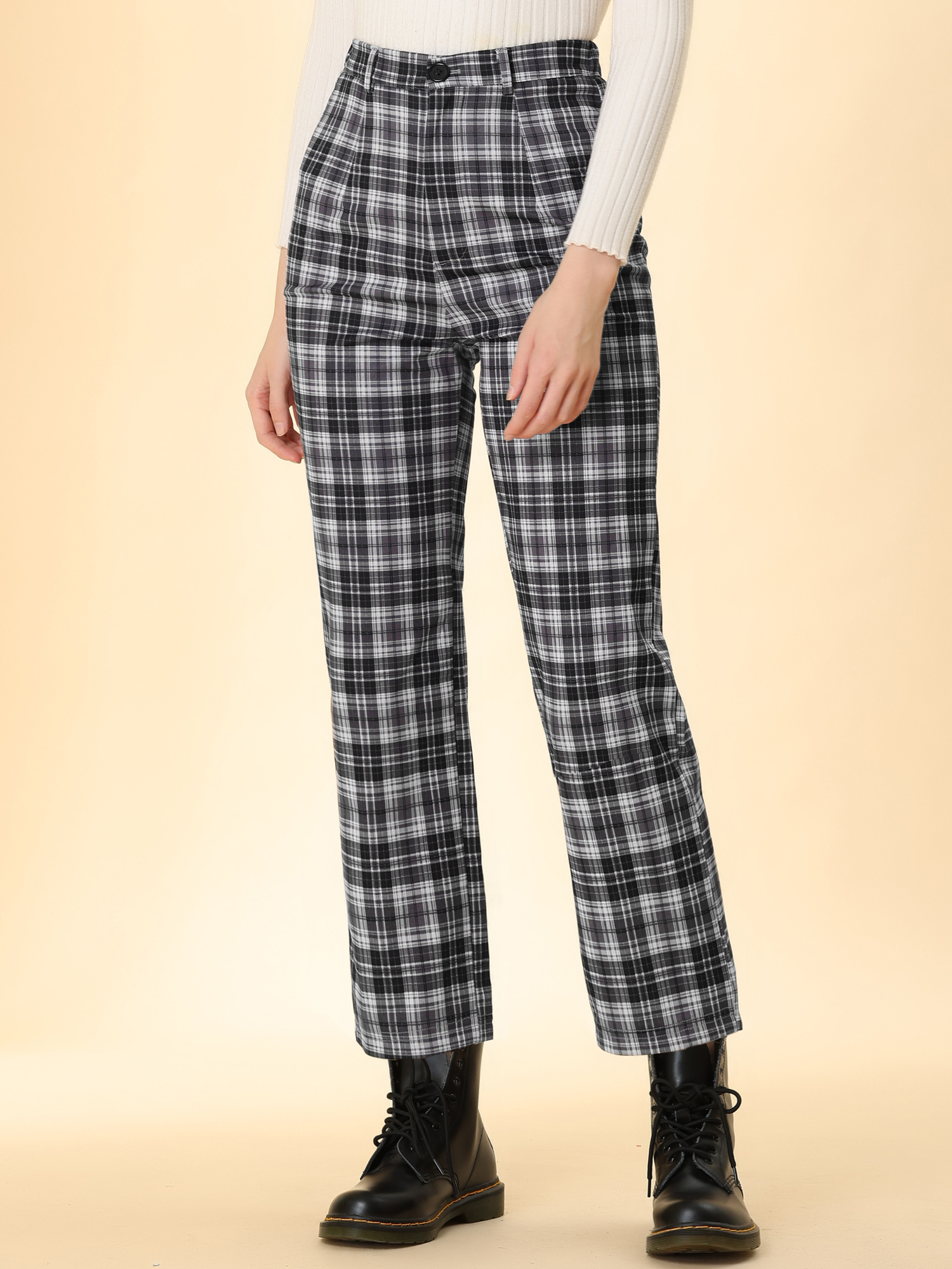 Plaid Cropped Trousers Button Casual Tartan Check Work Pants Black/XS - Allegra K catalog